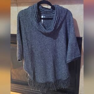 NY Collection Gray Cowl Neck Sweater with Fringe